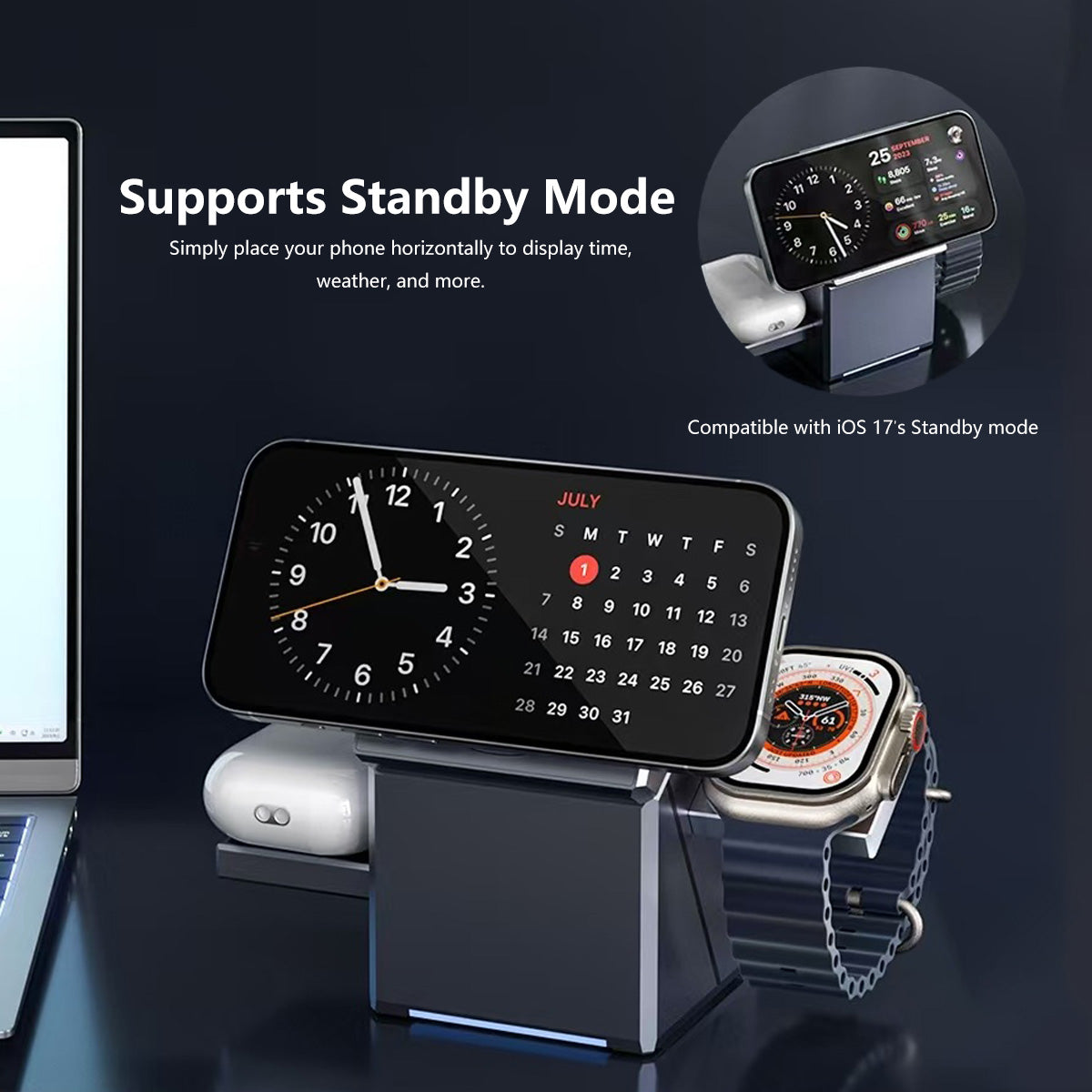 3 in 1 Magnetic Wireless Charger Stand Motorized Rotation Dual Pop-Up Watch Earbuds Magnetic Snap Fast Cooling Charger