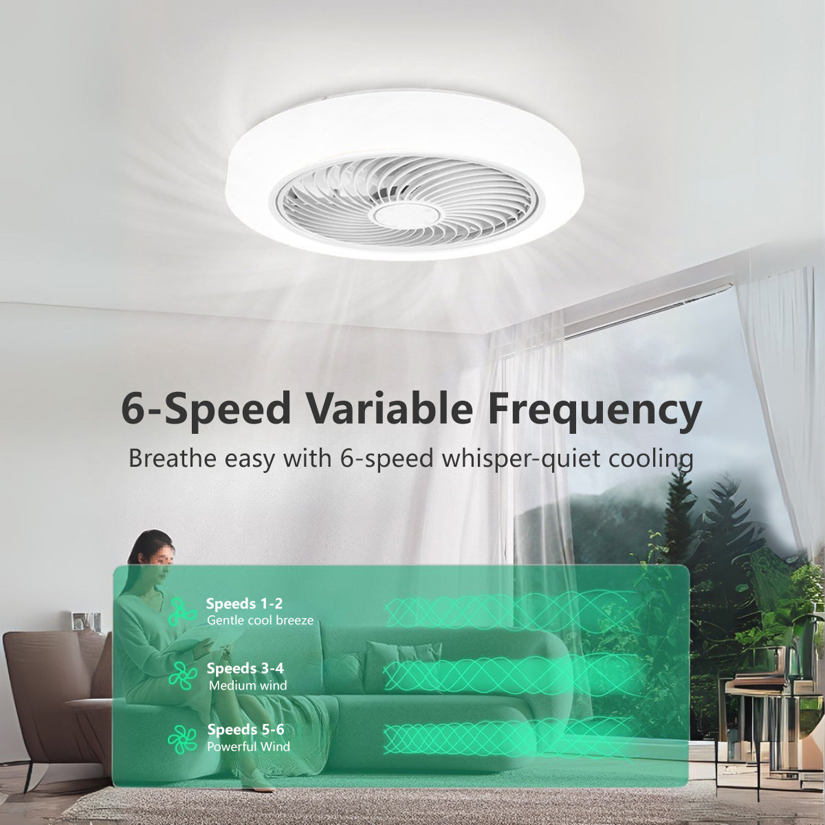 2-in-1 Smart Ceiling Fan Light 45cm - 6 Speed, APP+Remote, 3 Color Lights, Timer for Bedroom