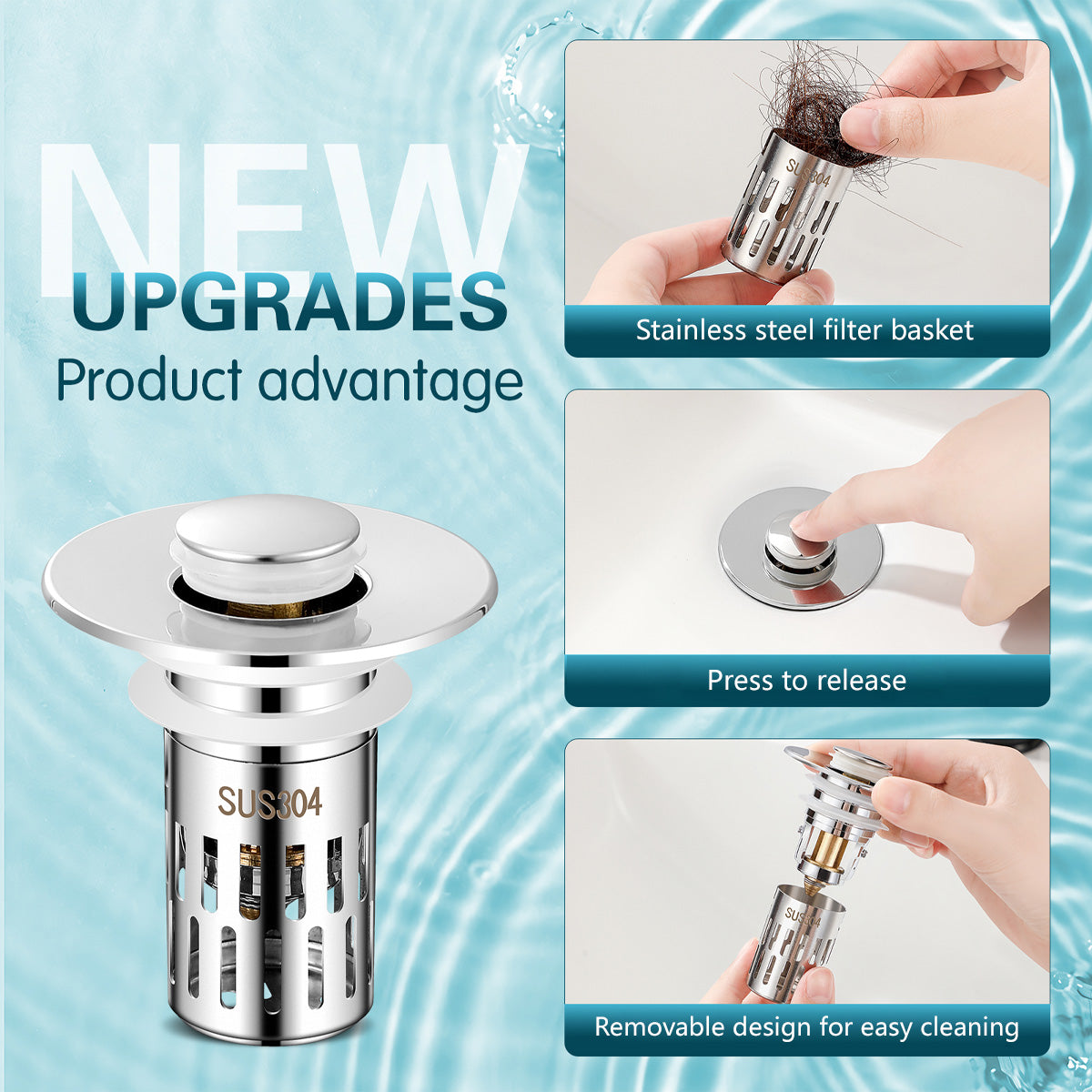 2 In 1 Bathroom Sink Stopper Prevent Clogging Easy Installation Easy to Clean Corrosion Resistance