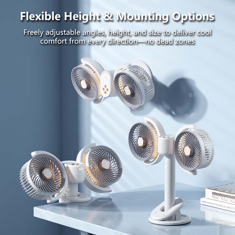 Dual-Head Wireless Circulation Fan with Adjustable Height & 4 Wind Speeds 360Β° Rotation and Quiet Cooling