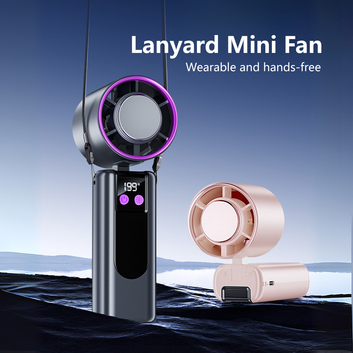 3-in-1 Cooling Fan 199-Level Cooling Portable Handheld Desktop USB Rechargeable Lanyard Easy Carry