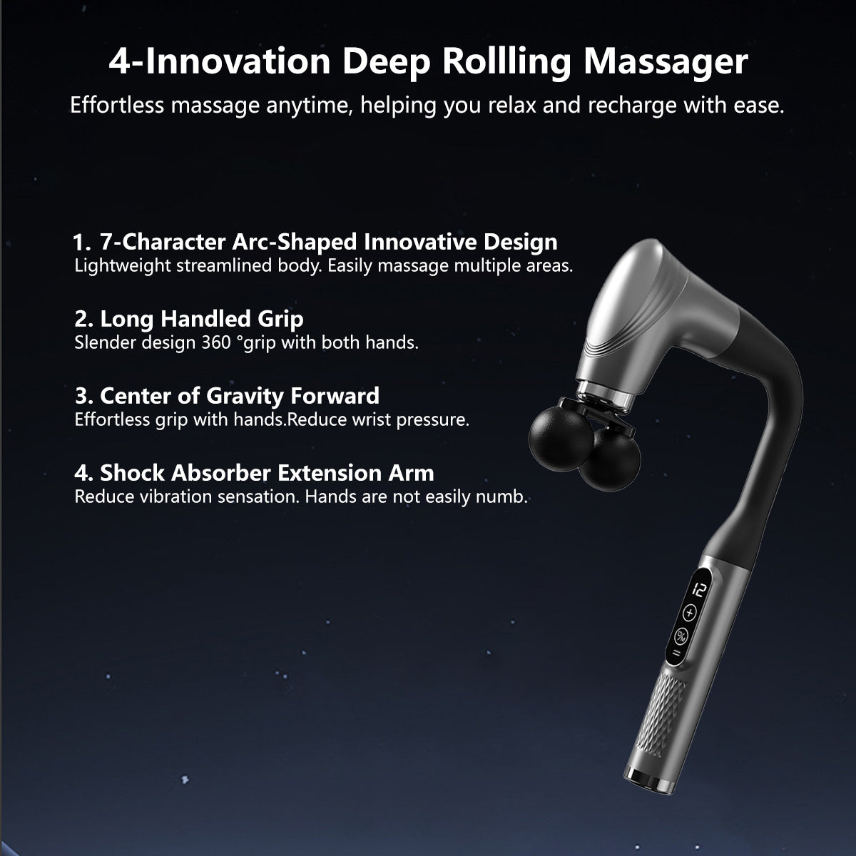 Deep Rolling Massager Long-Handle Curved-Head Fascia Gun with 8 Massage Heads