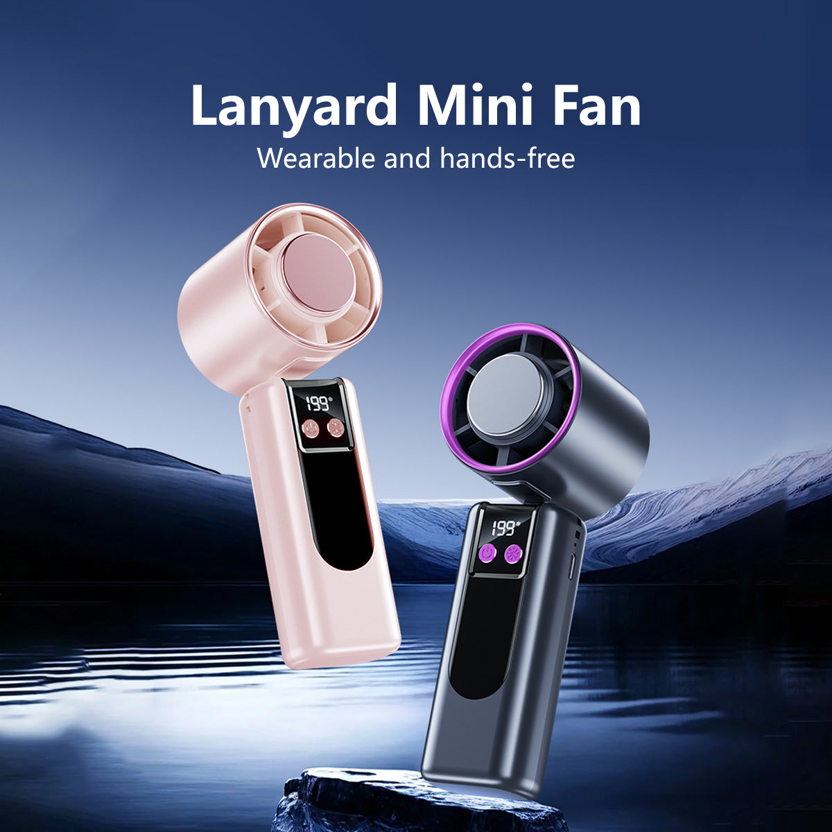 3-in-1 Cooling Fan 199-Level Cooling Portable Handheld Desktop USB Rechargeable Lanyard Easy Carry