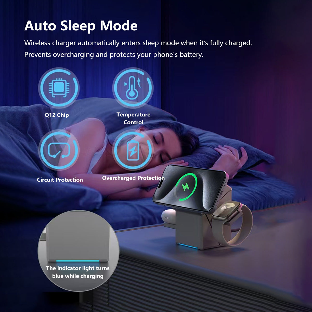 3 in 1 Magnetic Wireless Charger Stand Motorized Rotation Dual Pop-Up Watch Earbuds Magnetic Snap Fast Cooling Charger