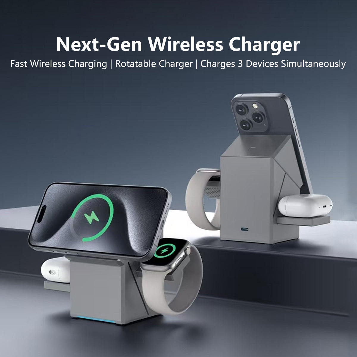 3 in 1 Magnetic Wireless Charger Stand Motorized Rotation Dual Pop-Up Watch Earbuds Magnetic Snap Fast Cooling Charger
