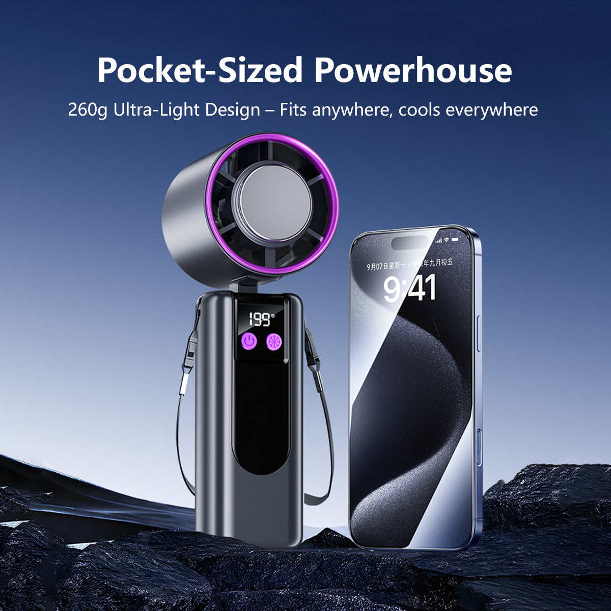 3-in-1 Cooling Fan 199-Level Cooling Portable Handheld Desktop USB Rechargeable Lanyard Easy Carry