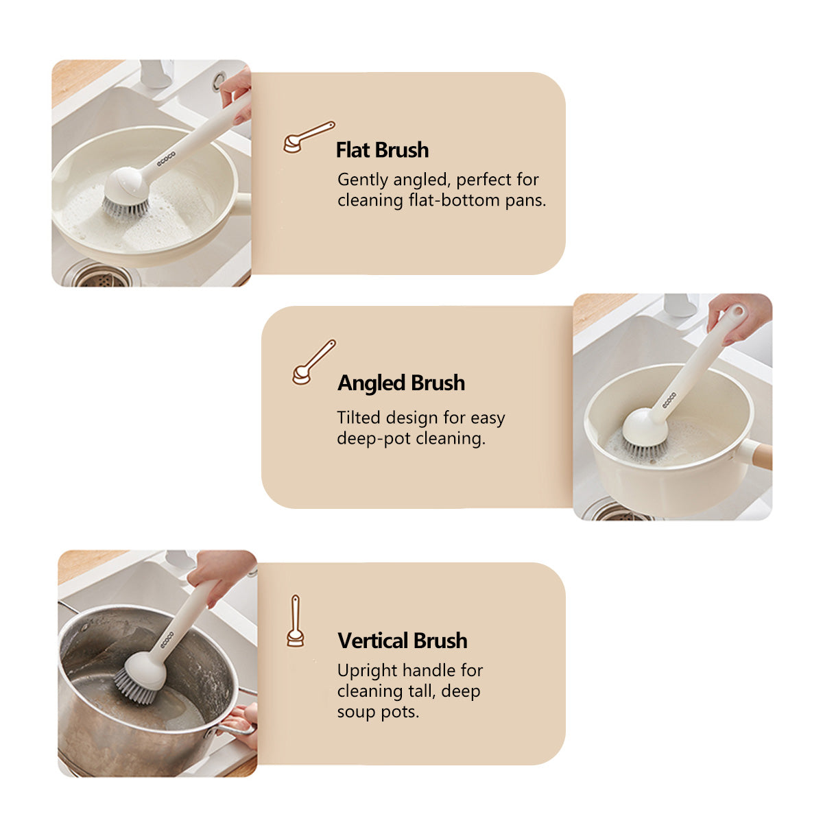 Multi Function Pot Brush Rotating Long-Handle & Refillable Short-Handle Pot Brush Set