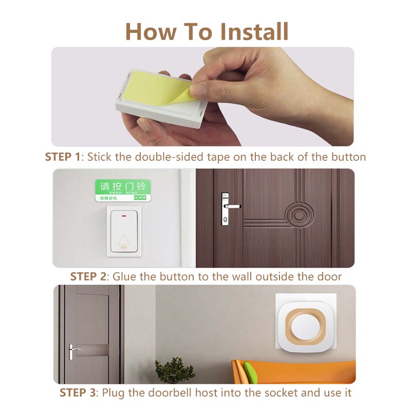 Wireless Doorbell Long Wireless Range Long Term Secure Use Adjustable Volume Battery Free Operation