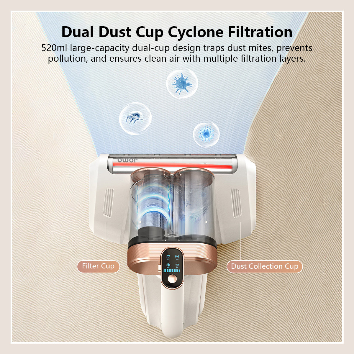 JOMO 13000Pa Powerful Suction Wireless Double Cups Dust Mite Vacuum Cleaner Sterilization Disinfection UV Mite Removal Vacuum