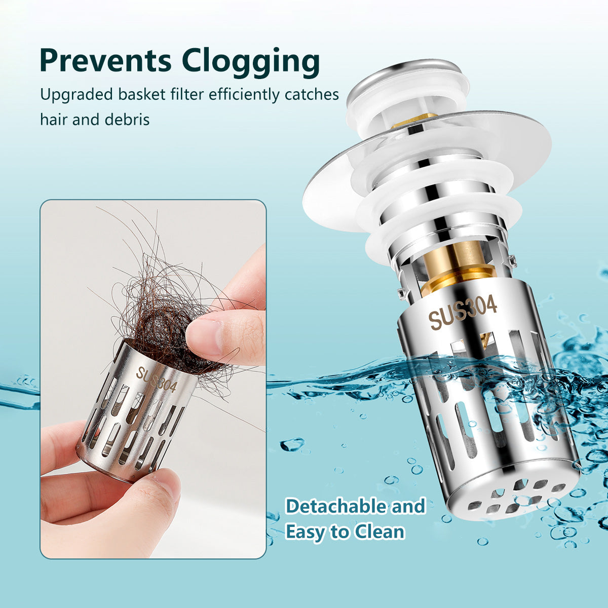 2 In 1 Bathroom Sink Stopper Prevent Clogging Easy Installation Easy to Clean Corrosion Resistance