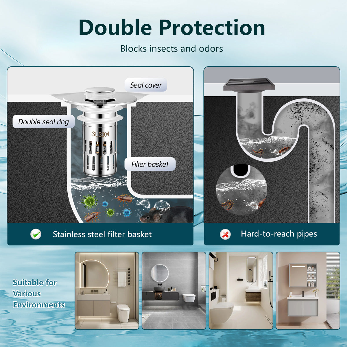 2 In 1 Bathroom Sink Stopper Prevent Clogging Easy Installation Easy to Clean Corrosion Resistance