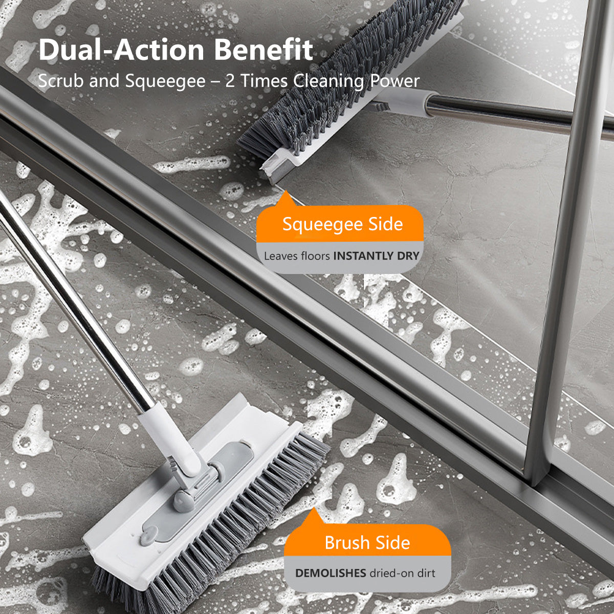Multi-Purpose 5-in-1 Floor Brush Zero Water Residual Built-In Squeegee Flexible Rotating Head Stiff Bristle