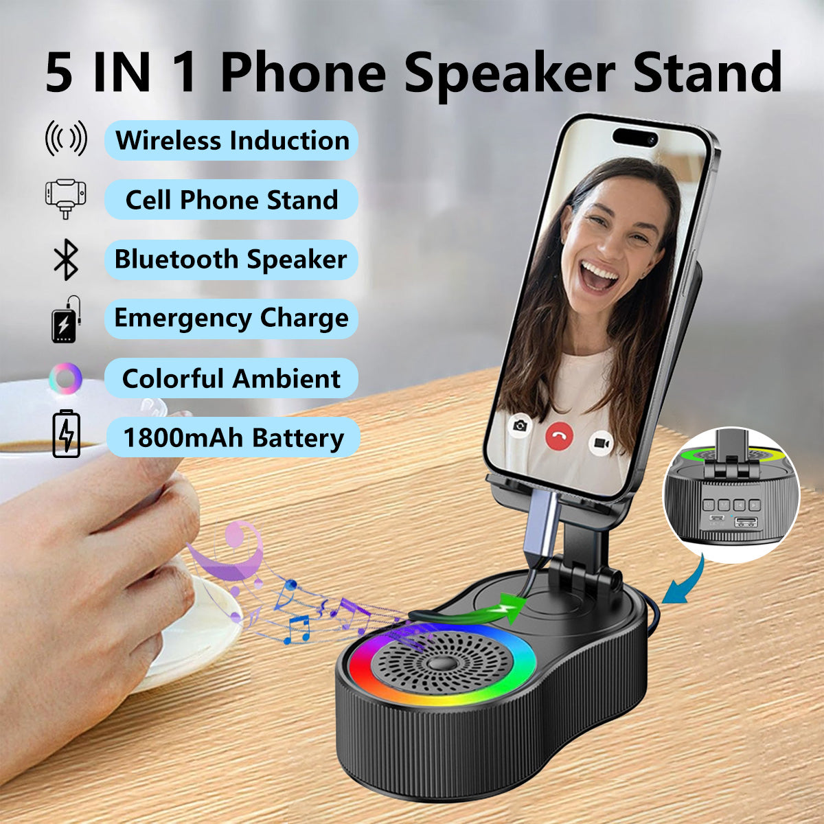 β¨5-in-1 Bluetooth Speaker Stand β 1800mAh Battery RGB Light, 360Β° Rotate, Foldable & Phone Holder