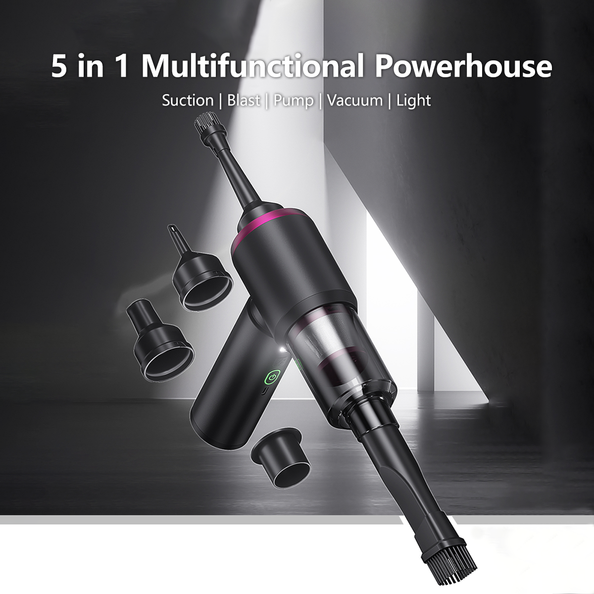 5-in-1 Handheld Vacuum 25000Pa Blow Suction Inflate Pump LED Light Functions Lightweight 420g