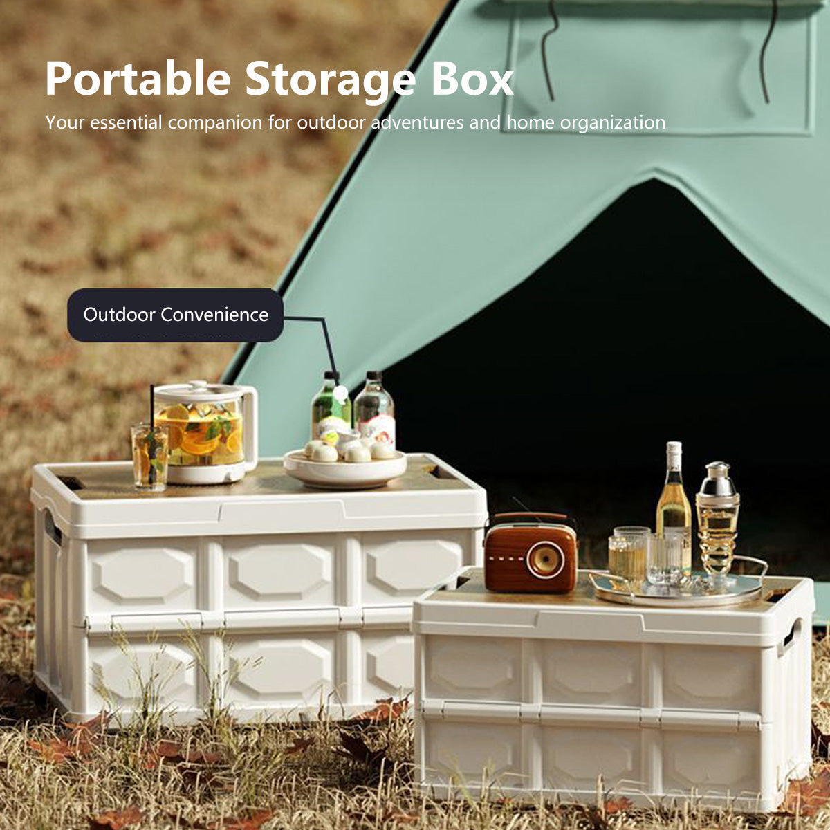 Multifunctional Foldable Storage Box 30L/50L Wooden Lid Space Saving Multi Use Organizer Camping Storage and Table