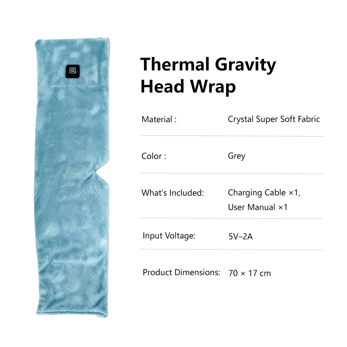 Thermal Gravity Head Wrap Weighted Steam Eye Mask USB 5V Heated Ultra-Soft Grey