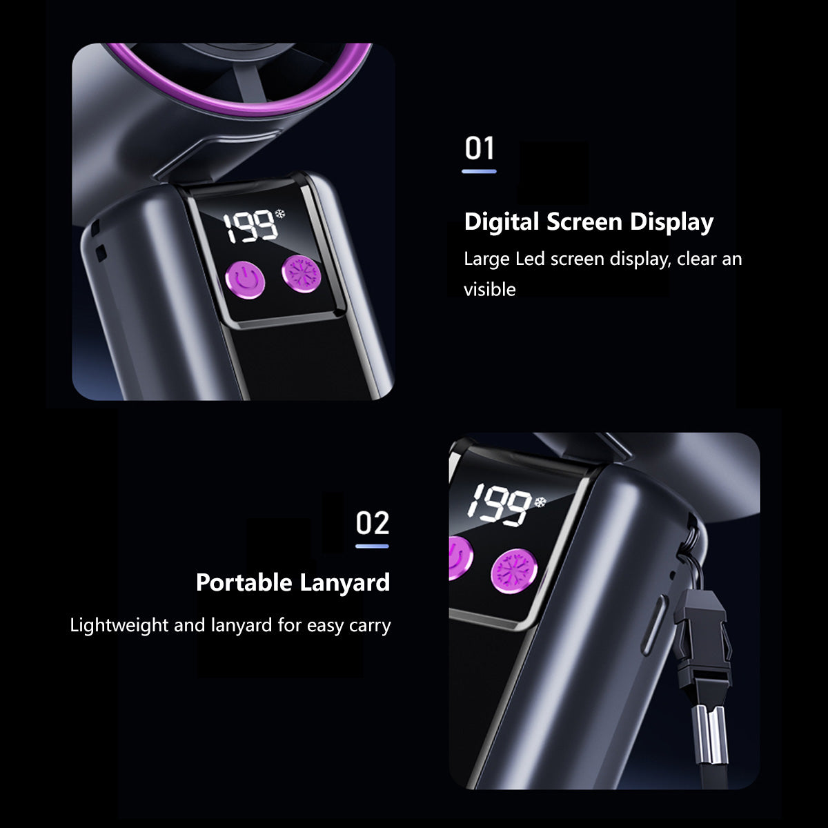 3-in-1 Cooling Fan 199-Level Cooling Portable Handheld Desktop USB Rechargeable Lanyard Easy Carry