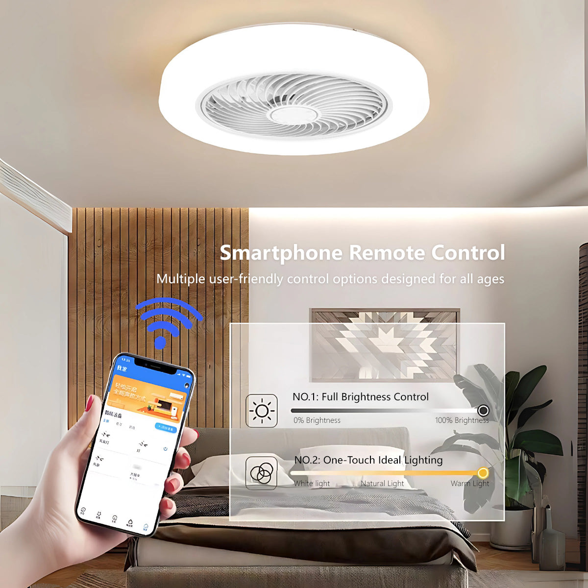 2-in-1 Smart Ceiling Fan Light 45cm - 6 Speed, APP+Remote, 3 Color Lights, Timer for Bedroom