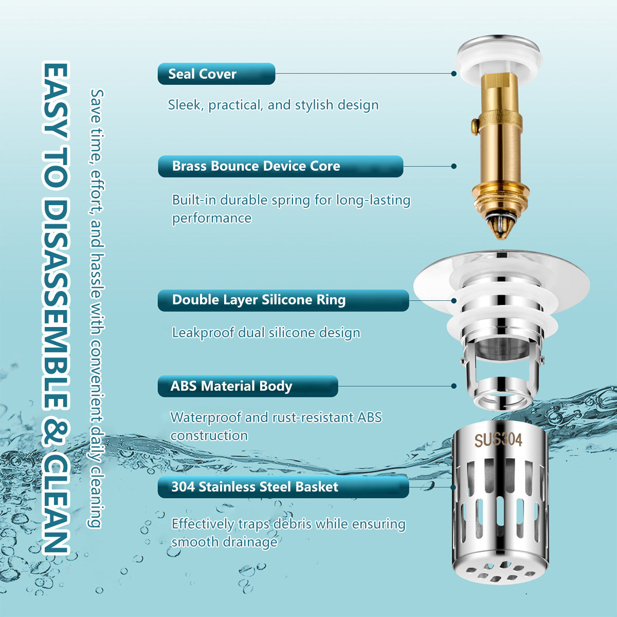 2 In 1 Bathroom Sink Stopper Prevent Clogging Easy Installation Easy to Clean Corrosion Resistance
