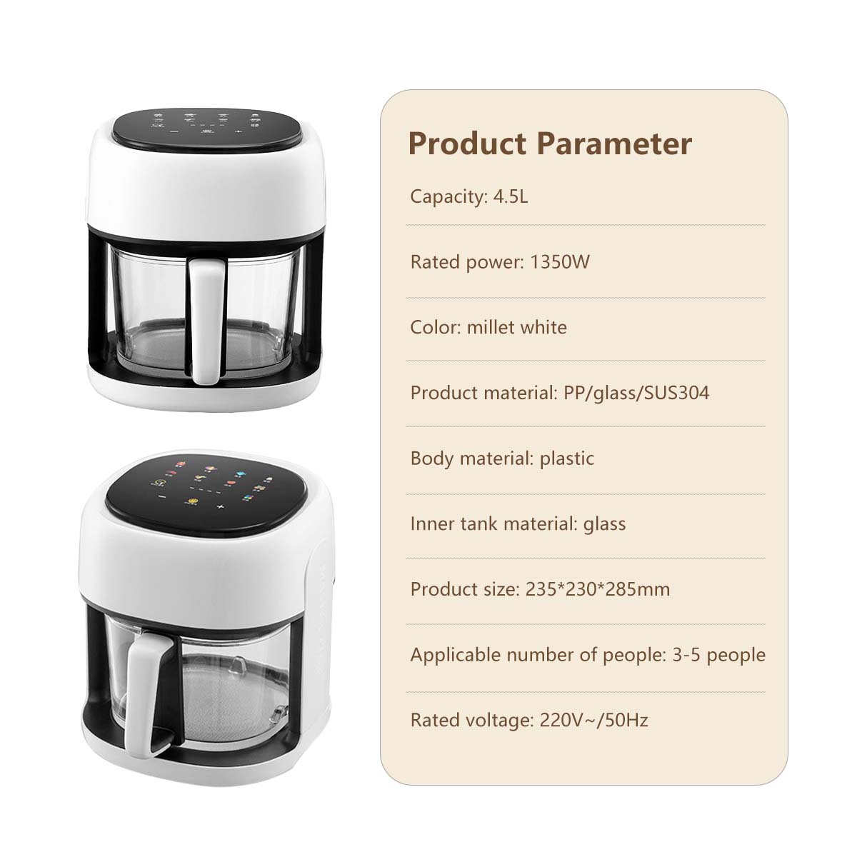 JOMO Air Fryer NTC Temperature Control Touch Control 10 Cooking Presets 1350W 4.5L Capacity