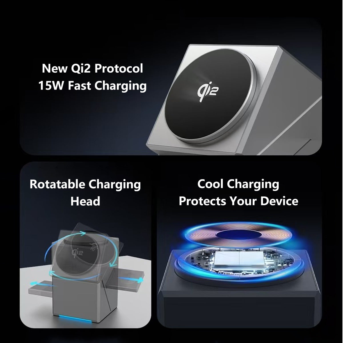 3 in 1 Magnetic Wireless Charger Stand Motorized Rotation Dual Pop-Up Watch Earbuds Magnetic Snap Fast Cooling Charger