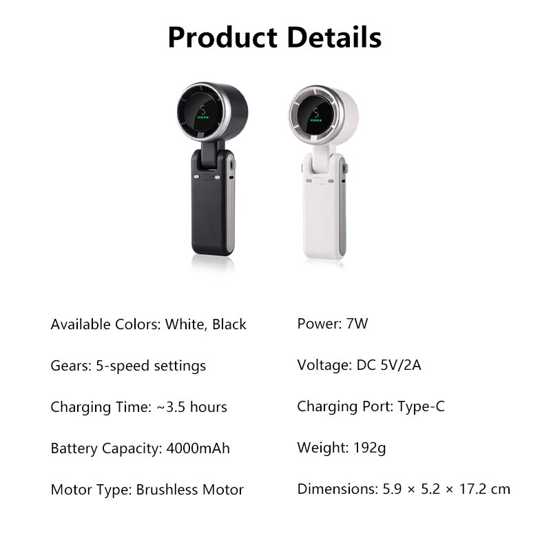 Foldable LCD Display Fan β 5 Speeds, Rechargeable, Lightweight, Hands-Free, Quiet Personal Fan with Type-C Charging
