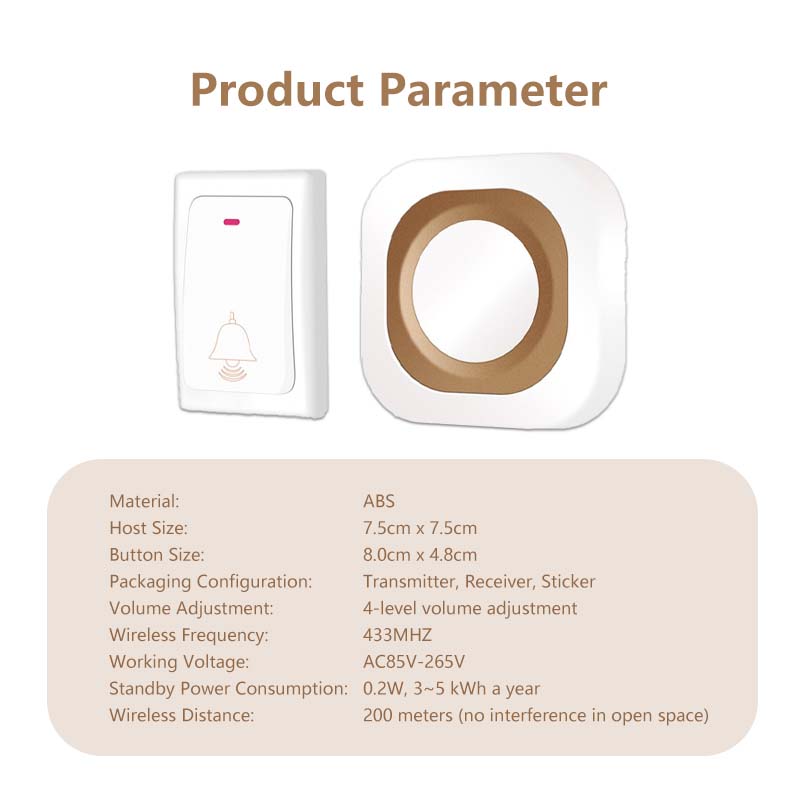 Wireless Doorbell Long Wireless Range Long Term Secure Use Adjustable Volume Battery Free Operation