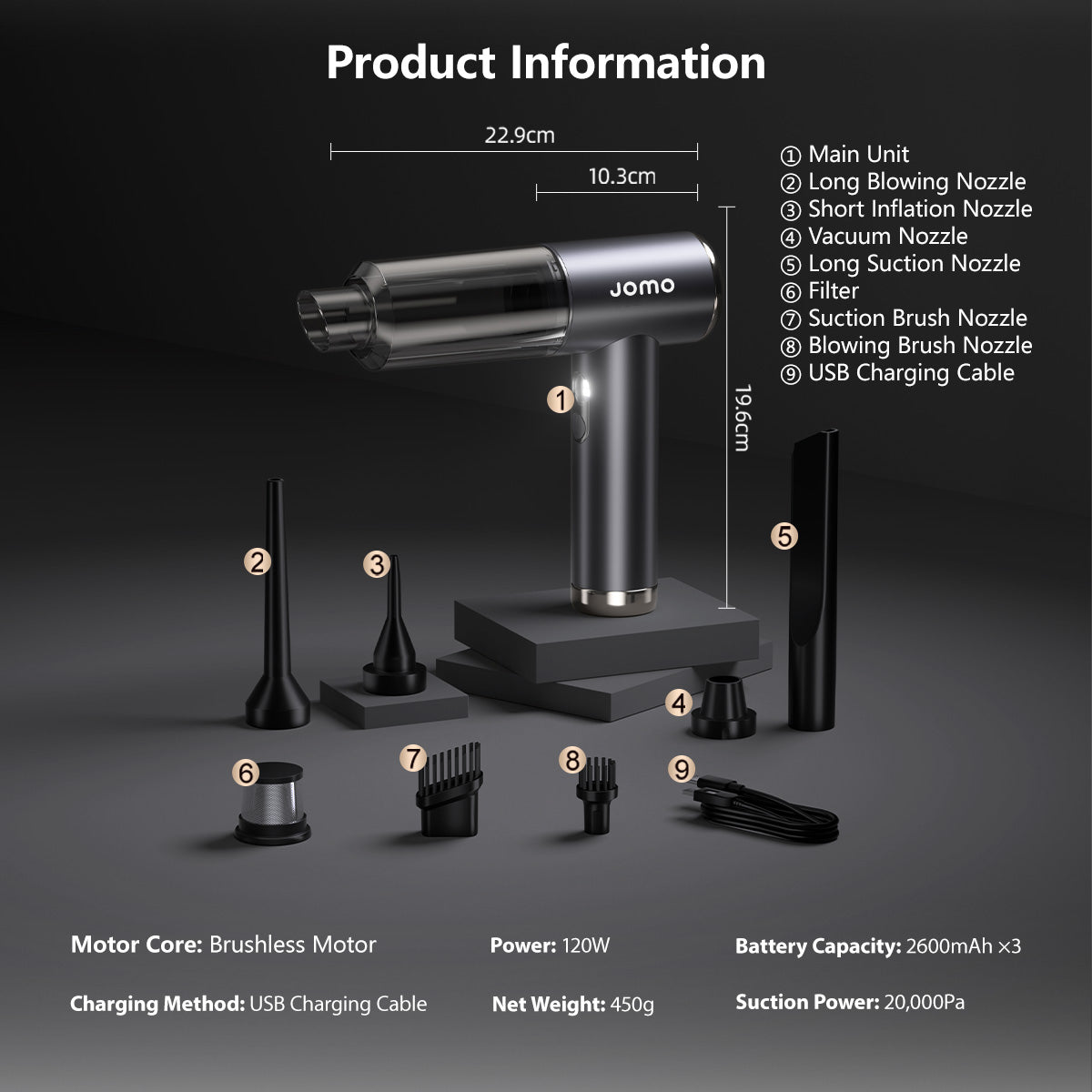 JOMO 5-in-1 Cordless Handheld Car Vacuum Cleaner