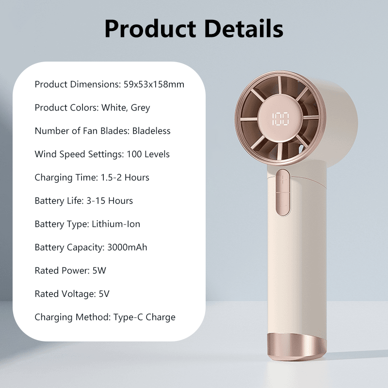 Portable Handheld Fan Strong Wind 100 Gear Wind Speed Compact Travel Fan Mini Fan USB Rechargeable Fan Digital Display