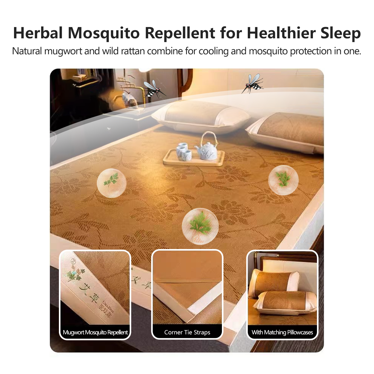 Wormwood Cooling Mat 3-Piece Set Skin-Friendly Breathable Mat Summer Sleeping Mat ā Mugwort Anti-Mosquito, Foldable