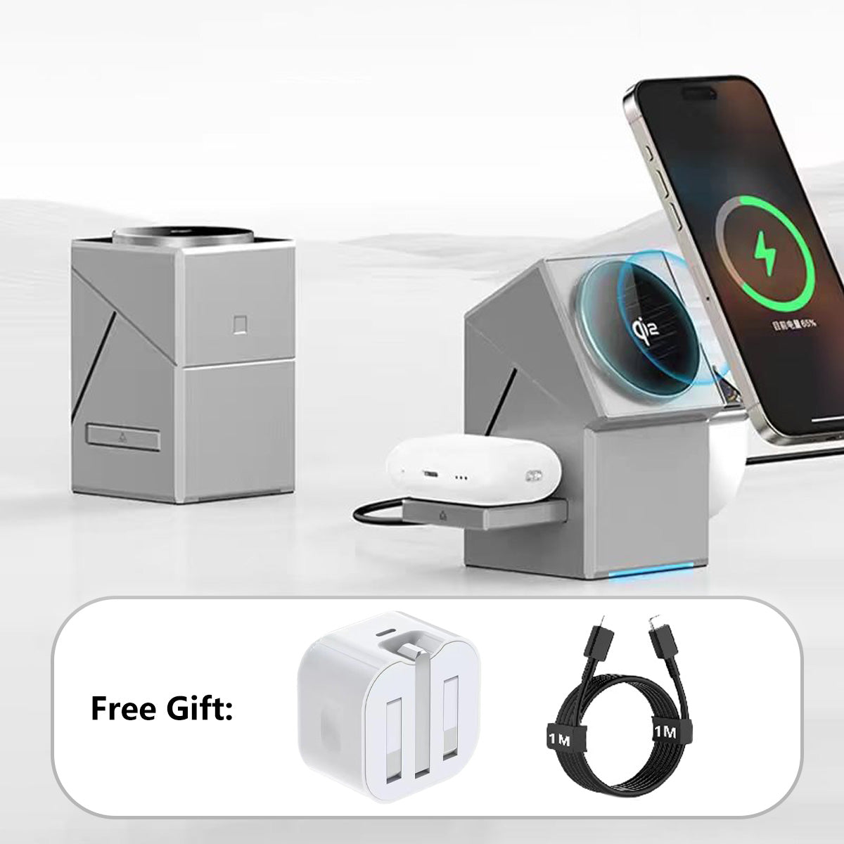 3 in 1 Magnetic Wireless Charger Stand Motorized Rotation Dual Pop-Up Watch Earbuds Magnetic Snap Fast Cooling Charger