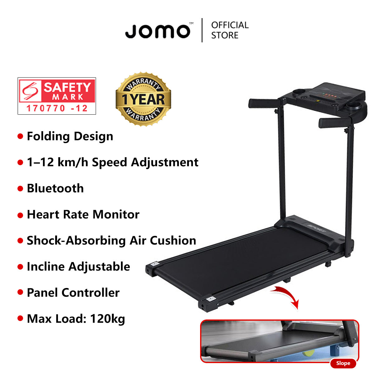 Smart Foldable Treadmill Adjustable Incline, Shock Absorption, Heart Rate & Bluetooth