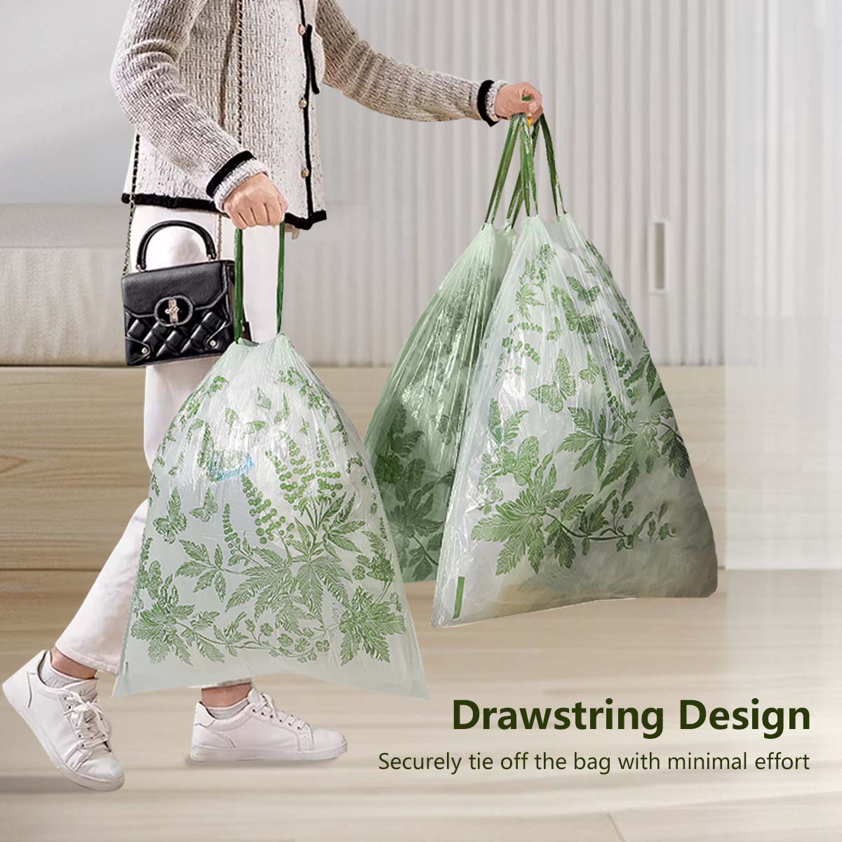 Tear-Free Drawstring Trash Bags Herbal Mugwort Aroma Durable Trash Bags Leak-Proof (90 Pieces / Pack)
