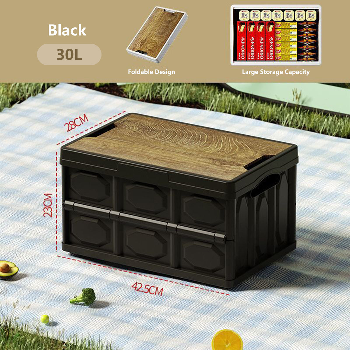 Multifunctional Foldable Storage Box 30L/50L Wooden Lid Space Saving Multi Use Organizer Camping Storage and Table