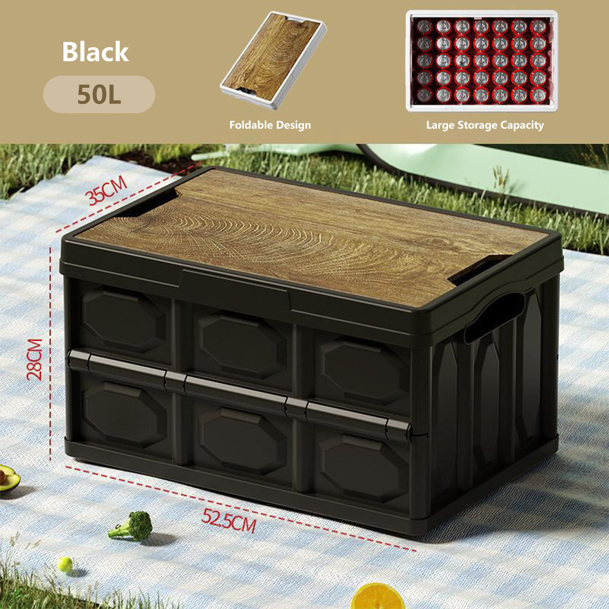 Multifunctional Foldable Storage Box 30L/50L Wooden Lid Space Saving Multi Use Organizer Camping Storage and Table