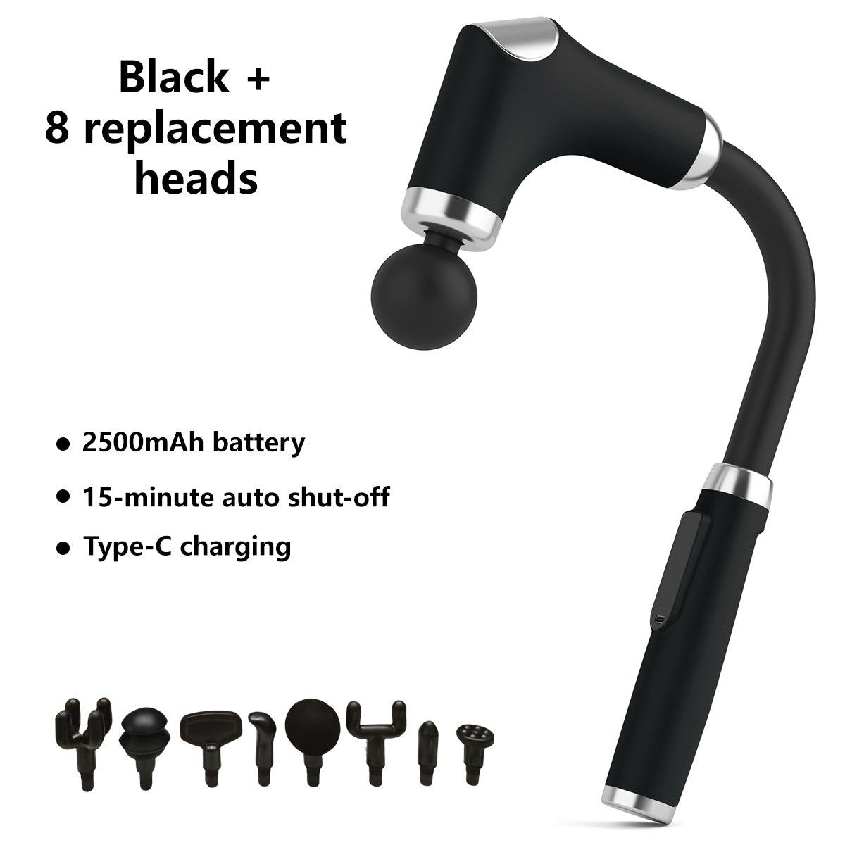 Deep Rolling Massager Long-Handle Curved-Head Fascia Gun with 8 Massage Heads