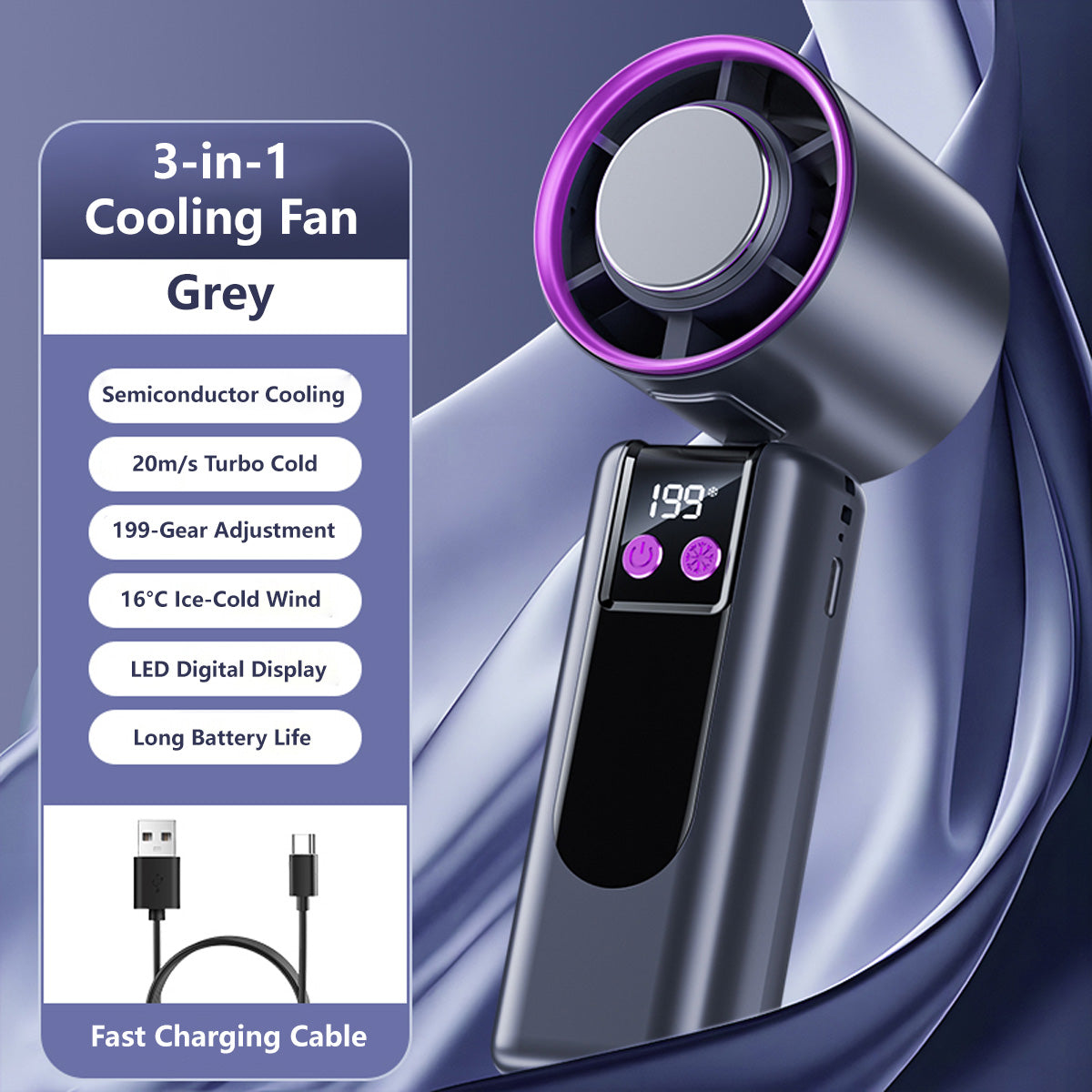 3-in-1 Cooling Fan 199-Level Cooling Portable Handheld Desktop USB Rechargeable Lanyard Easy Carry