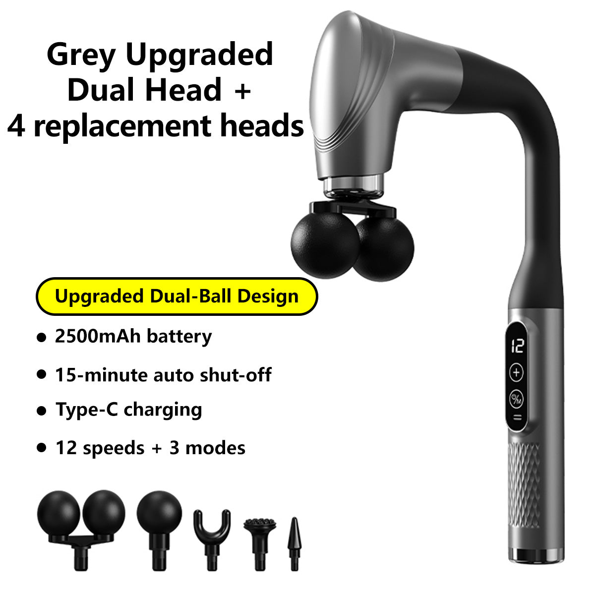 Deep Rolling Massager Long-Handle Curved-Head Fascia Gun with 8 Massage Heads