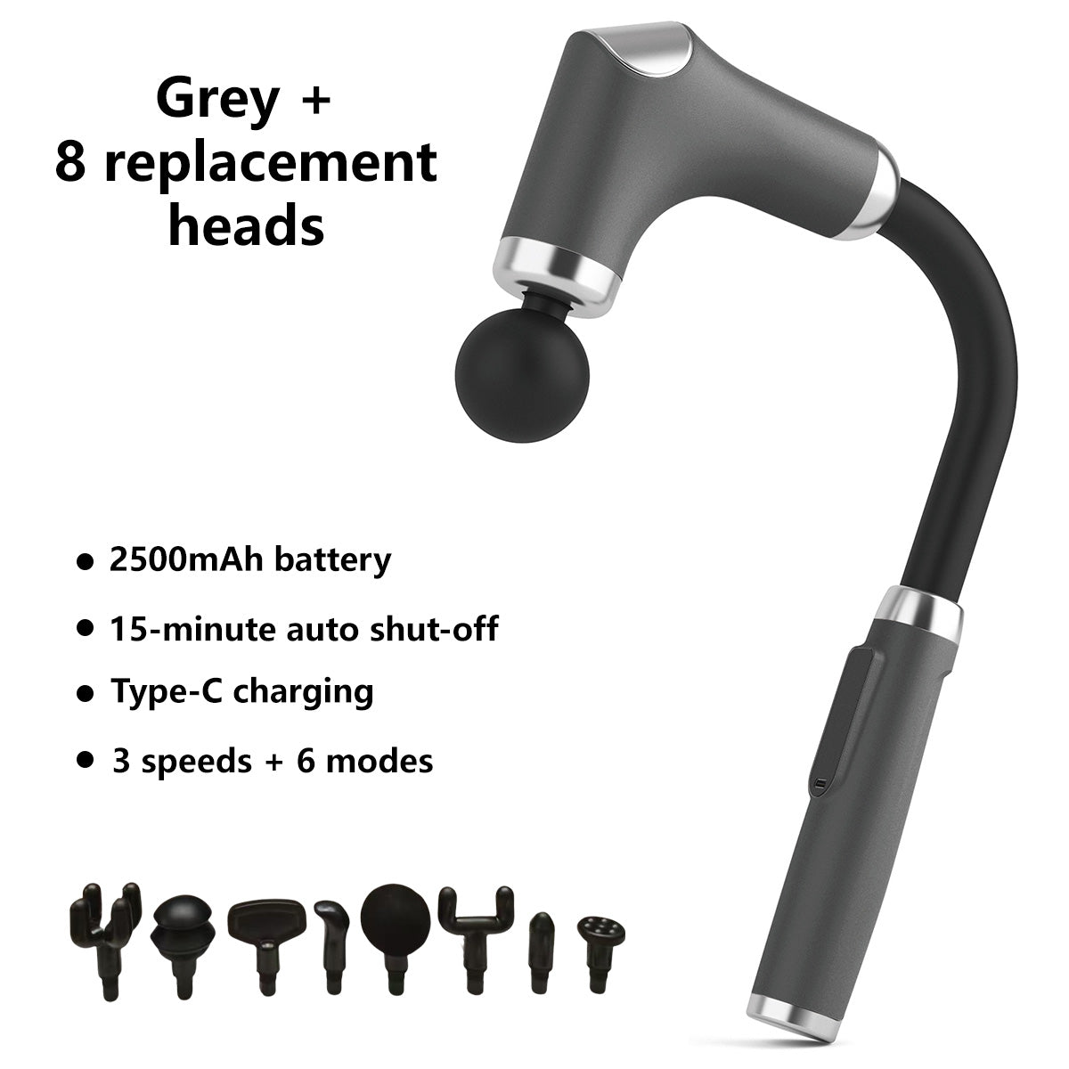 Deep Rolling Massager Long-Handle Curved-Head Fascia Gun with 8 Massage Heads