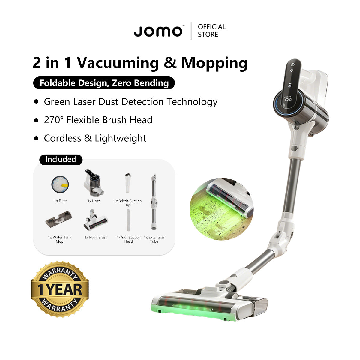 JOMO 2 in 1 Vacuuming & Mopping Vacuum 20000pa Suction Power 270° Swivel Smart LED Lasting Battery