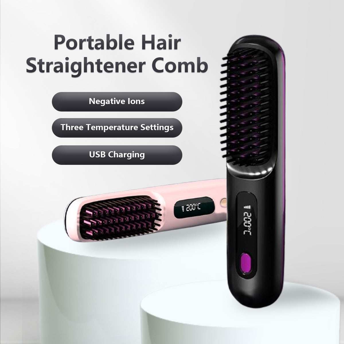 Portable Hair Straightener Comb Negative Ions Keratin Coated Hair Straightener Type-C Charging