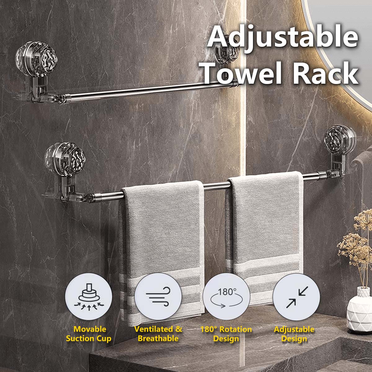 Adjustable Towel Rack ā Drill-Free, 180° Rotating, Adjustable Wall-Mounted, Strong Suction, Space-Saving