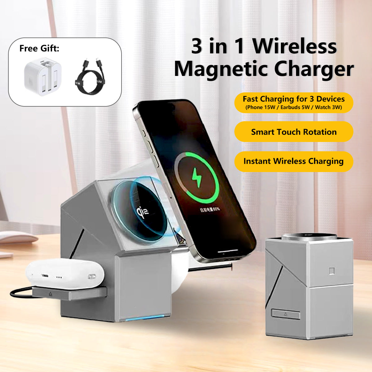3 in 1 Magnetic Wireless Charger Stand Motorized Rotation Dual Pop-Up Watch Earbuds Magnetic Snap Fast Cooling Charger