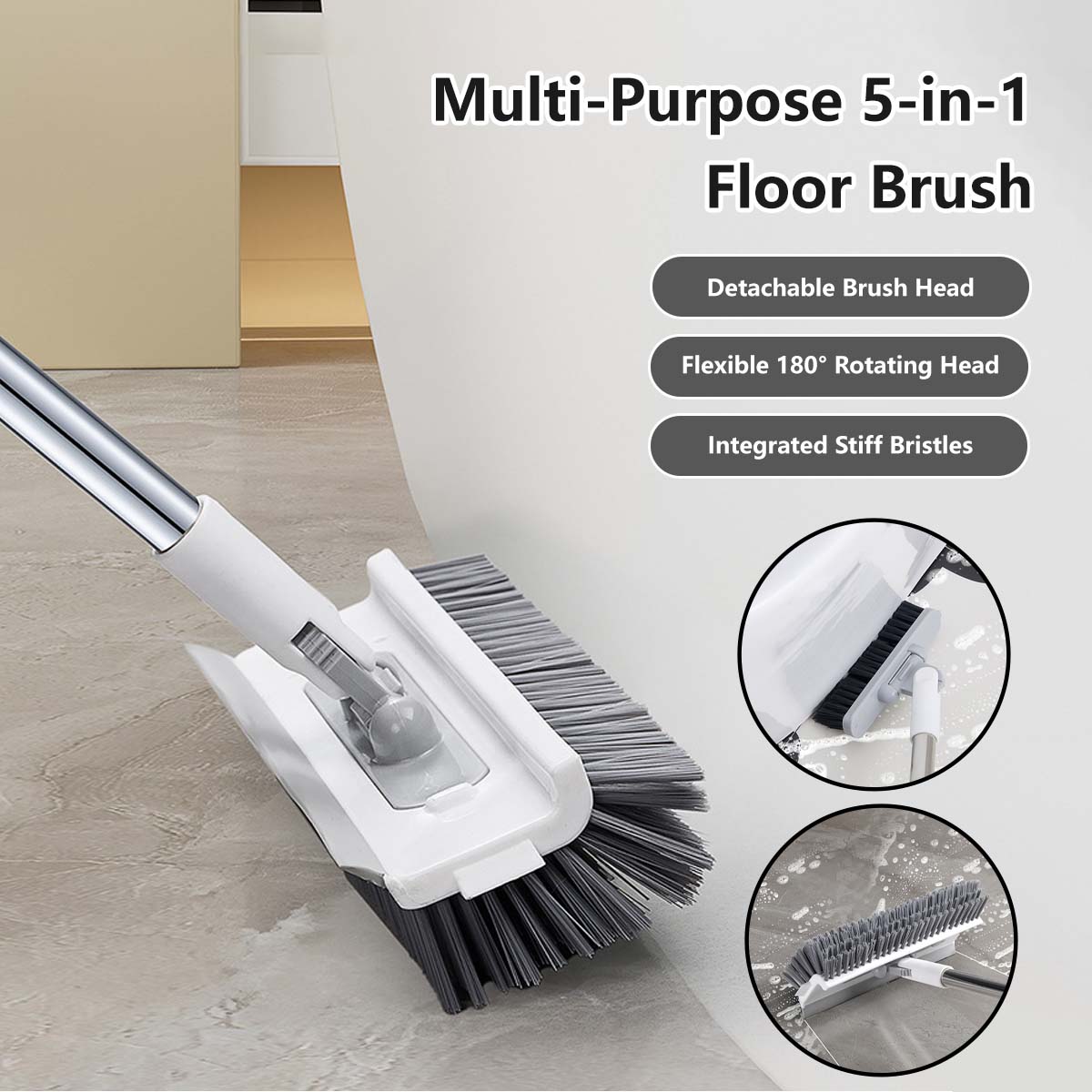 Multi-Purpose 5-in-1 Floor Brush Zero Water Residual Built-In Squeegee Flexible Rotating Head Stiff Bristle