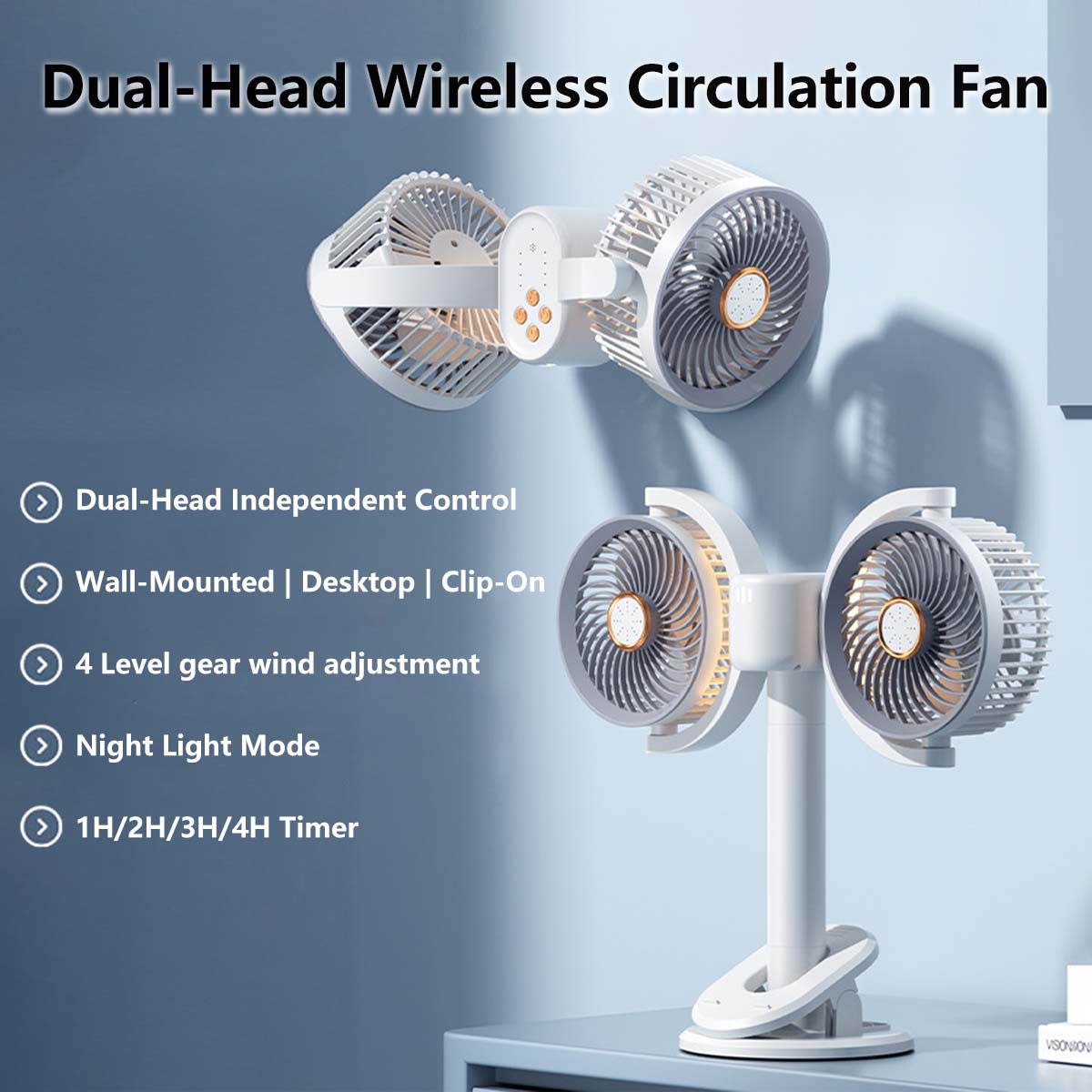 Dual-Head Wireless Circulation Fan with Adjustable Height & 4 Wind Speeds 360Β° Rotation and Quiet Cooling