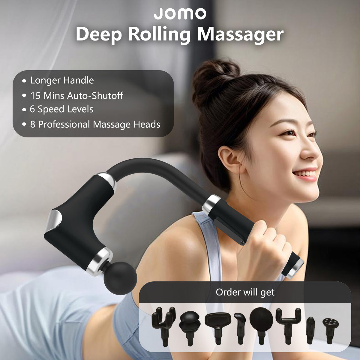 Deep Rolling Massager Long-Handle Curved-Head Fascia Gun with 8 Massage Heads