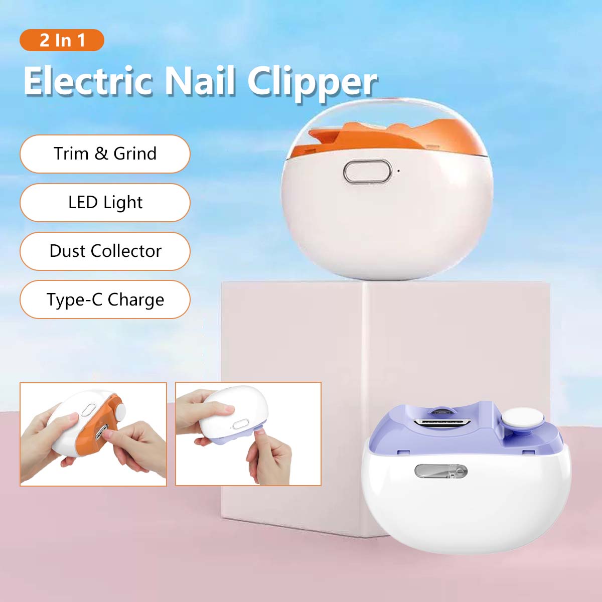 Electric Nail Clipper Trimmer & Polisher LED Light Dual Speed Type-C Rechargeable Multifunction Manicure