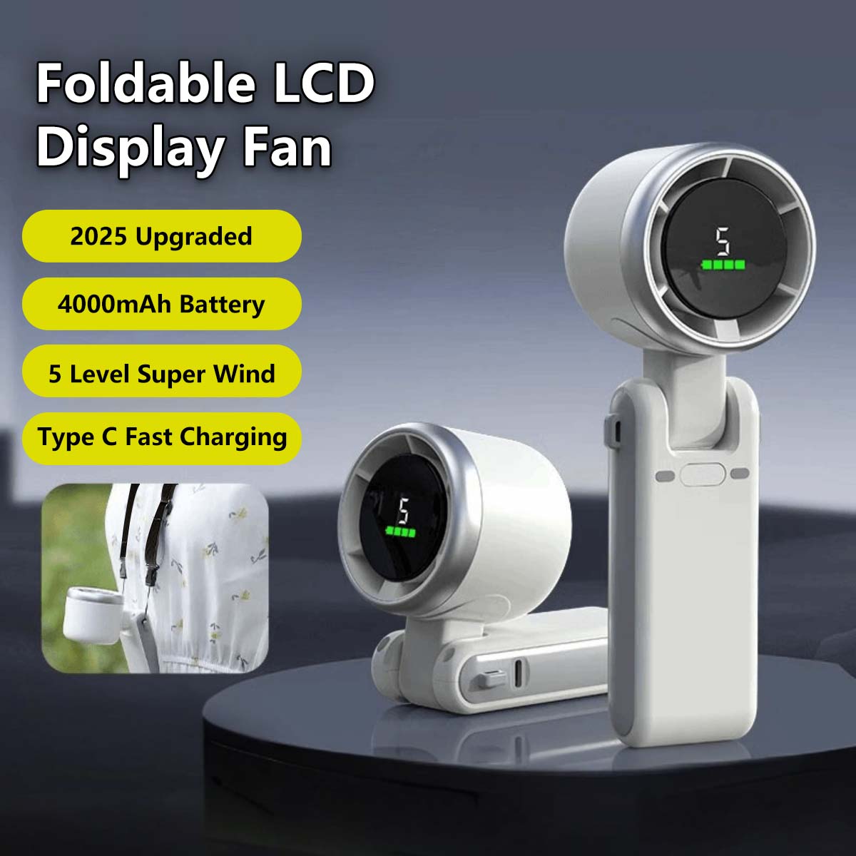 Foldable LCD Display Fan β 5 Speeds, Rechargeable, Lightweight, Hands-Free, Quiet Personal Fan with Type-C Charging