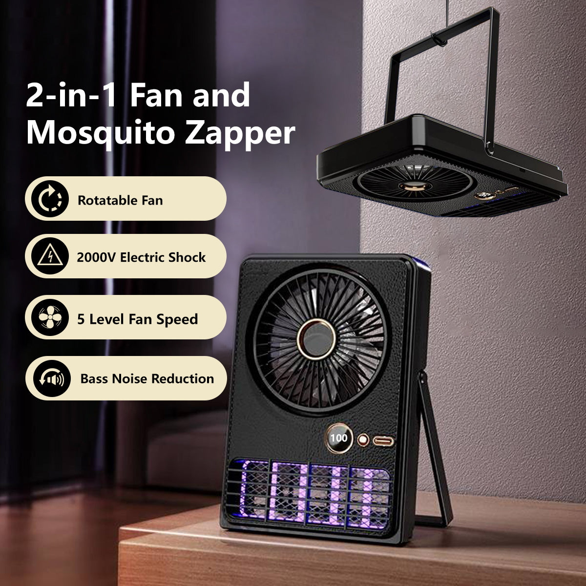 2-in-1 Fan and Mosquito Zapper Portable Rechargeable Plug-in 5-Level Cooling 2000V Bug Zapper Type-C Charging