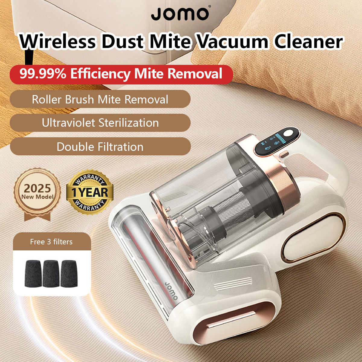 JOMO 13000Pa Powerful Suction Wireless Double Cups Dust Mite Vacuum Cleaner Sterilization Disinfection UV Mite Removal Vacuum